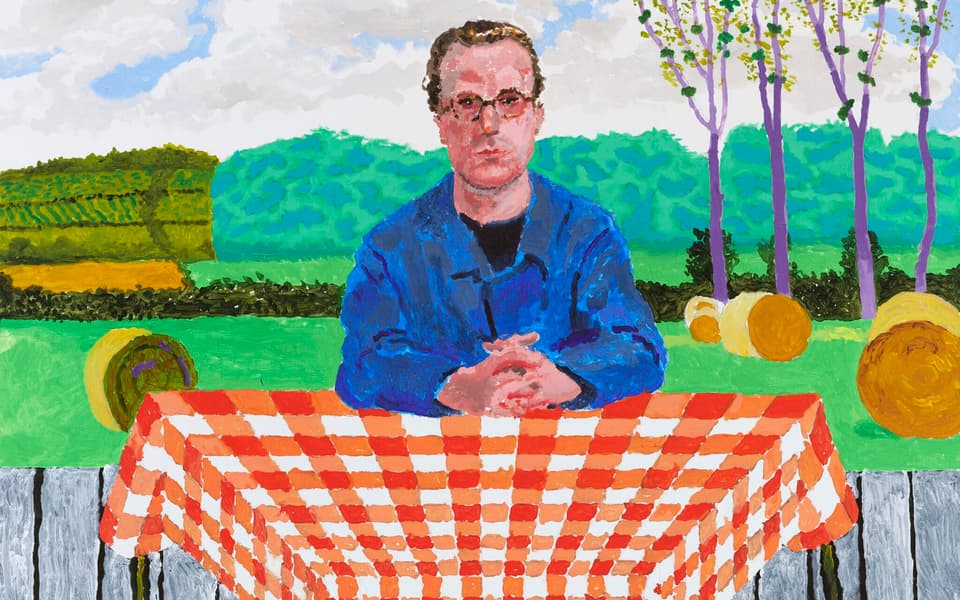 David Hockney, Jack Ransome Resting on an Orange and White Checkered Tablecloth, 2025. Acrylic on canvas, 36 x 48 in. (91.4 x 121.9 cm) 